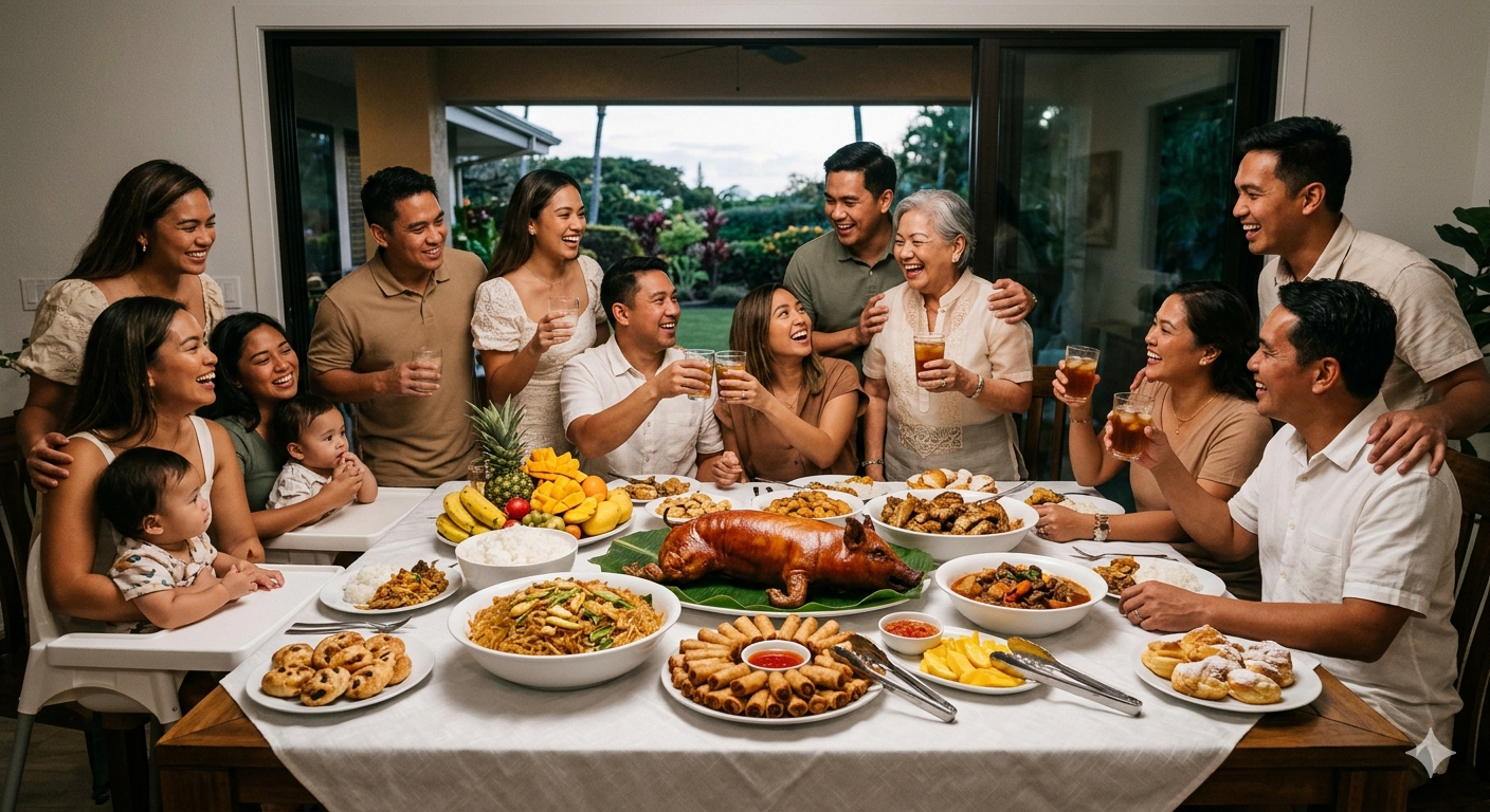Filipino family celebration with catered food